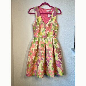 Trina Turk Martha Sleeveless Jacquard floral fit flare neon midi dress 4 NWT